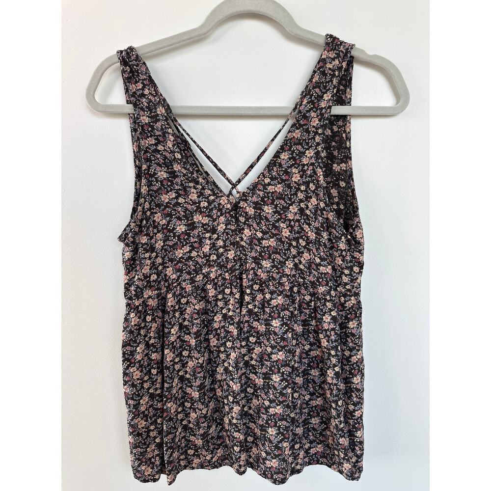 American Eagle Outfitters Black Floral Tank Top with Pink Accents